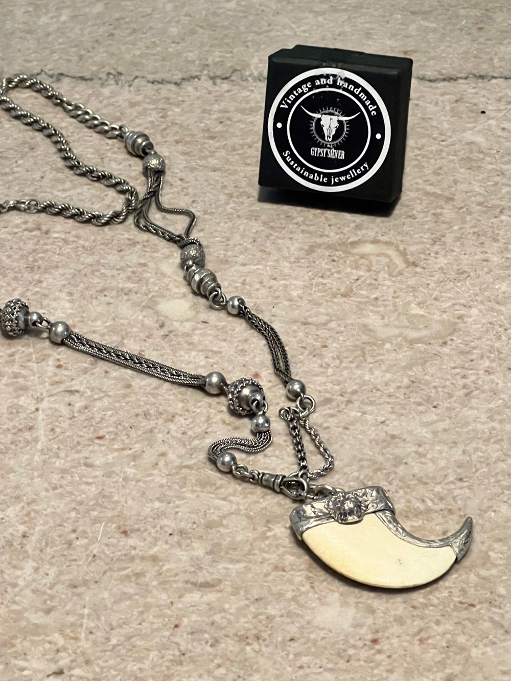 Gypsy Silver - Lion Tusk Charm on necklace-Reclaimed Silver and Cream OOAK
